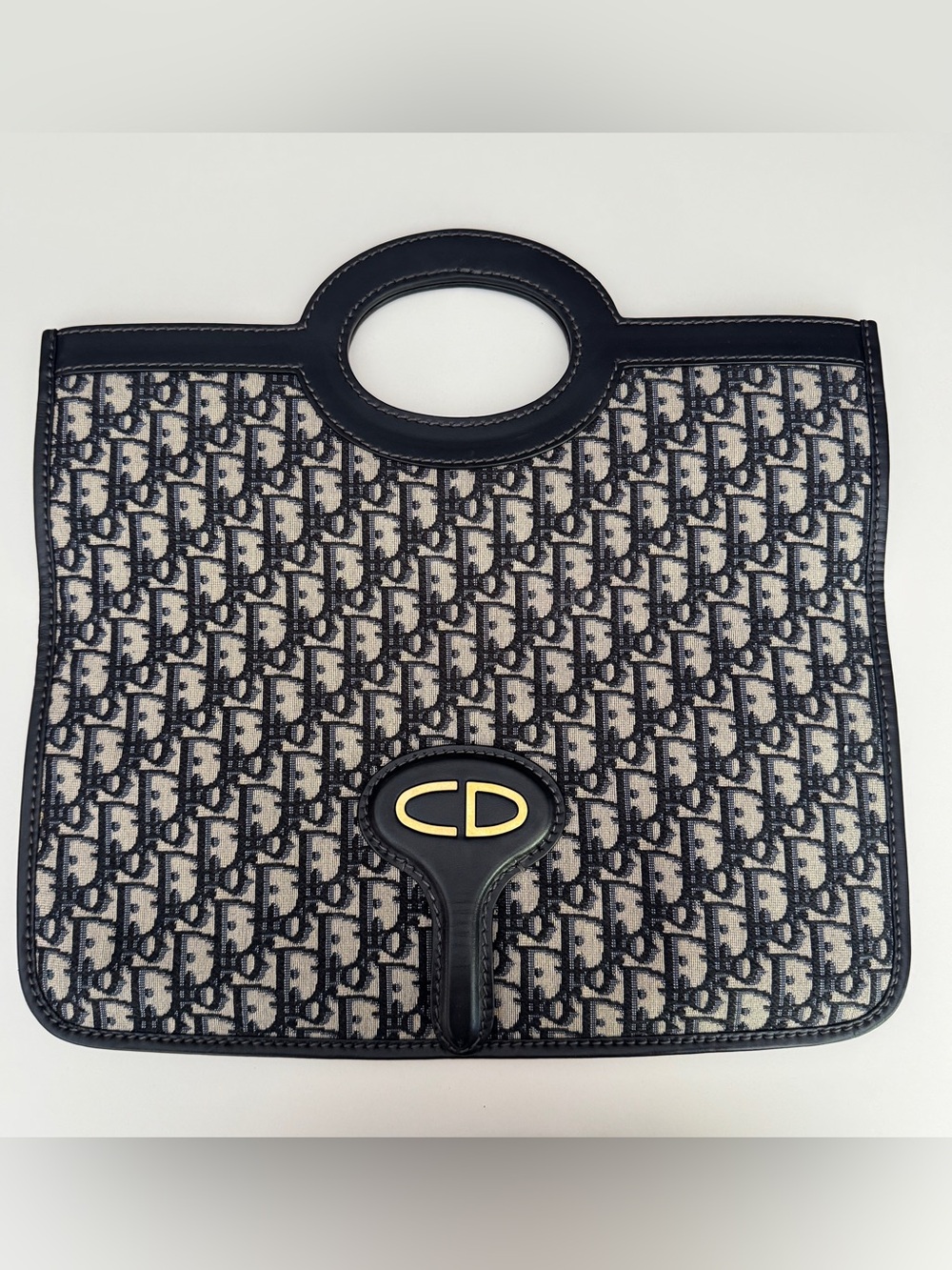 Dior Navy & Beige Oblique Canvas Fold Over Clutch Tote with Gold CD Emblem, Auth
